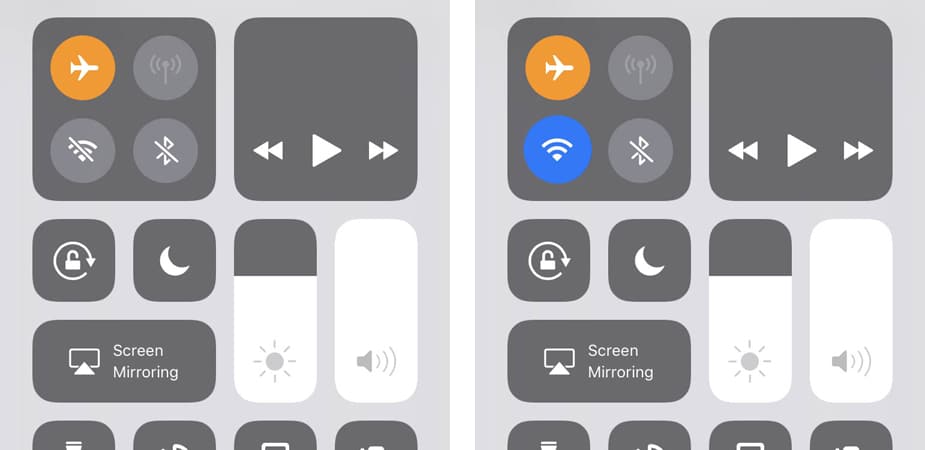 Comparison of two smartphone control center interfaces showing icons for airplane mode, Wi-Fi, Bluetooth, music playback controls, screen rotation lock, do not disturb mode, screen mirroring, and sliders for screen brightness and volume, with the left side in 'Do Not Disturb' mode and the right side connected to Wi-Fi.