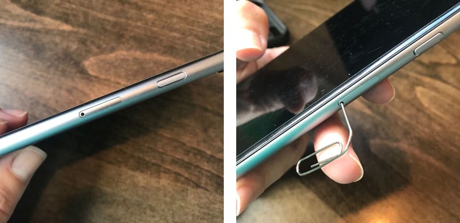 Two side-by-side images displaying a smartphone; the left image shows a close-up of the side with volume buttons and a mute switch, while the right image depicts a hand ejecting the SIM card tray with a paperclip.