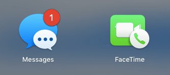 Two smartphone app icons displayed side by side; the Messages app icon shows a blue speech bubble with a red notification badge indicating one new message, and the FaceTime app icon features a green video camera symbol.