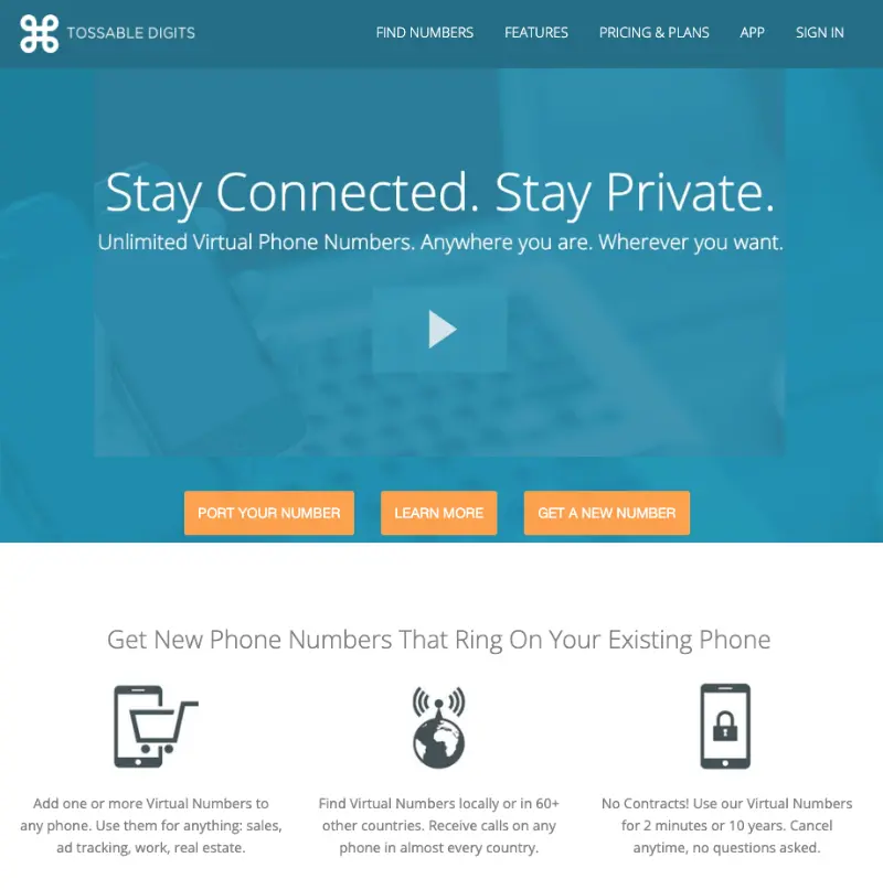 Tossable Digits homepage with a teal hero banner that says "Stay Connected. Stay Private." and "Unlimited Virtual Phone Numbers. Anywhere you are. Wherever you want." The page includes buttons for "Port your number" "Learn more" and "Get a new number" plus icons explaining virtual phone numbers for adding lines.