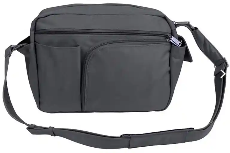 Dark gray crossbody bag with an adjustable padded shoulder strap and several zippered compartments. The front has a large curved zippered pocket and a tall open side pocket.