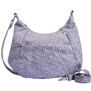 Gray purple crescent shaped crossbody bag with a textured fabric exterior and a slim shoulder strap. A detachable matching strap rests beside the bag against a white background.