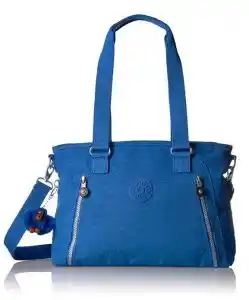 Bright blue tote bag with two long top handles and a detachable shoulder strap. Two diagonal silver zippers accent the front and a small plush monkey charm hangs from the side.