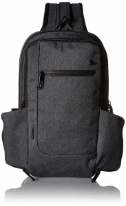 Dark gray compact backpack with black trim, padded shoulder straps, and multiple zippered compartments. It has a horizontal front zipper pocket and expandable side pockets for carrying smaller items or bottles.